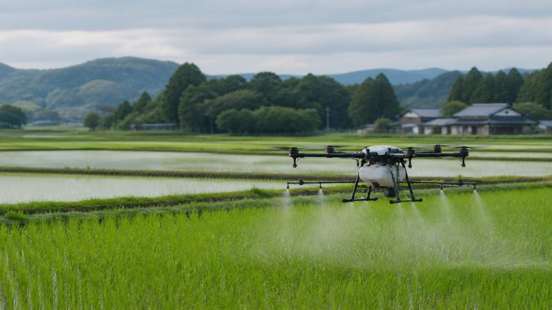 水田の上を飛ぶ農薬散布ドローン